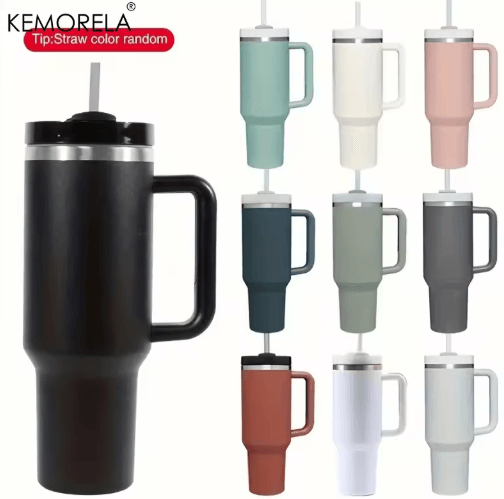 KEMORELA Large-Capacity Stainless Steel Cold Cup Tumbler 900/1200ML Insulated Thermos Cup with Handle & Straw