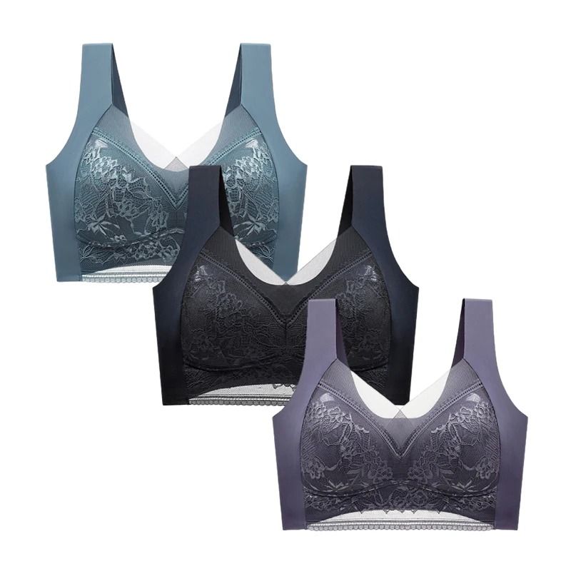 FallSweet 3 Pack Lace Push Up Bra Wireless Deep V Bralette Set L to 5XL