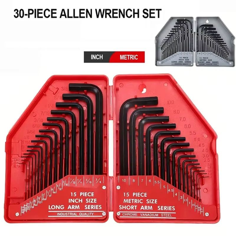 30-Piece Hex Key Wrench Set SAE and Metric L-Shaped Allen Wrenches Chrome Vanadium Steel