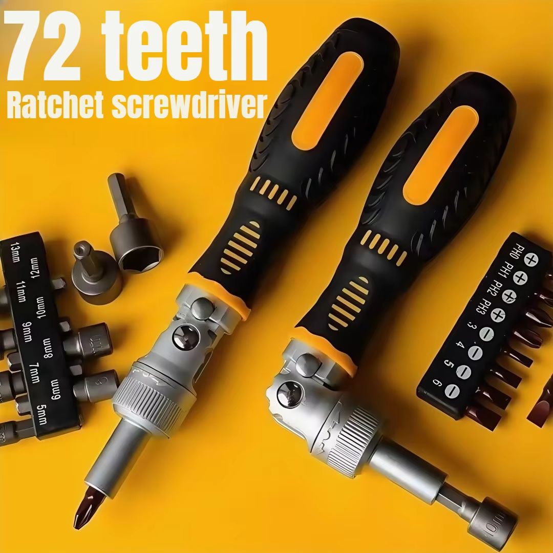 72-Tooth Ratchet Two-Way Screwdriver Set with Bendable Handle and Multi-Bits - Labor-Saving Household Maintenance Tool