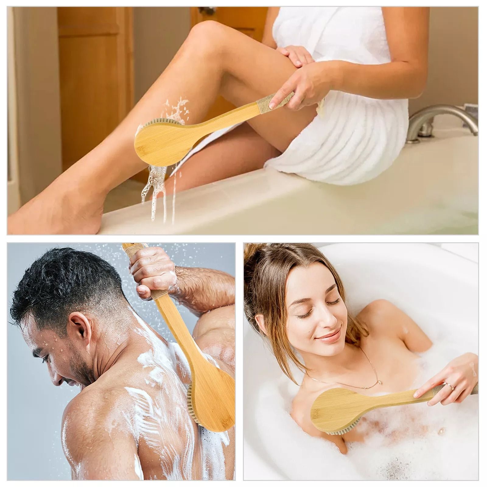 Bath Body Brush with Soft Bristles, Long Bamboo Handle Back Scrubber for Shower, Anti-Slip Grip