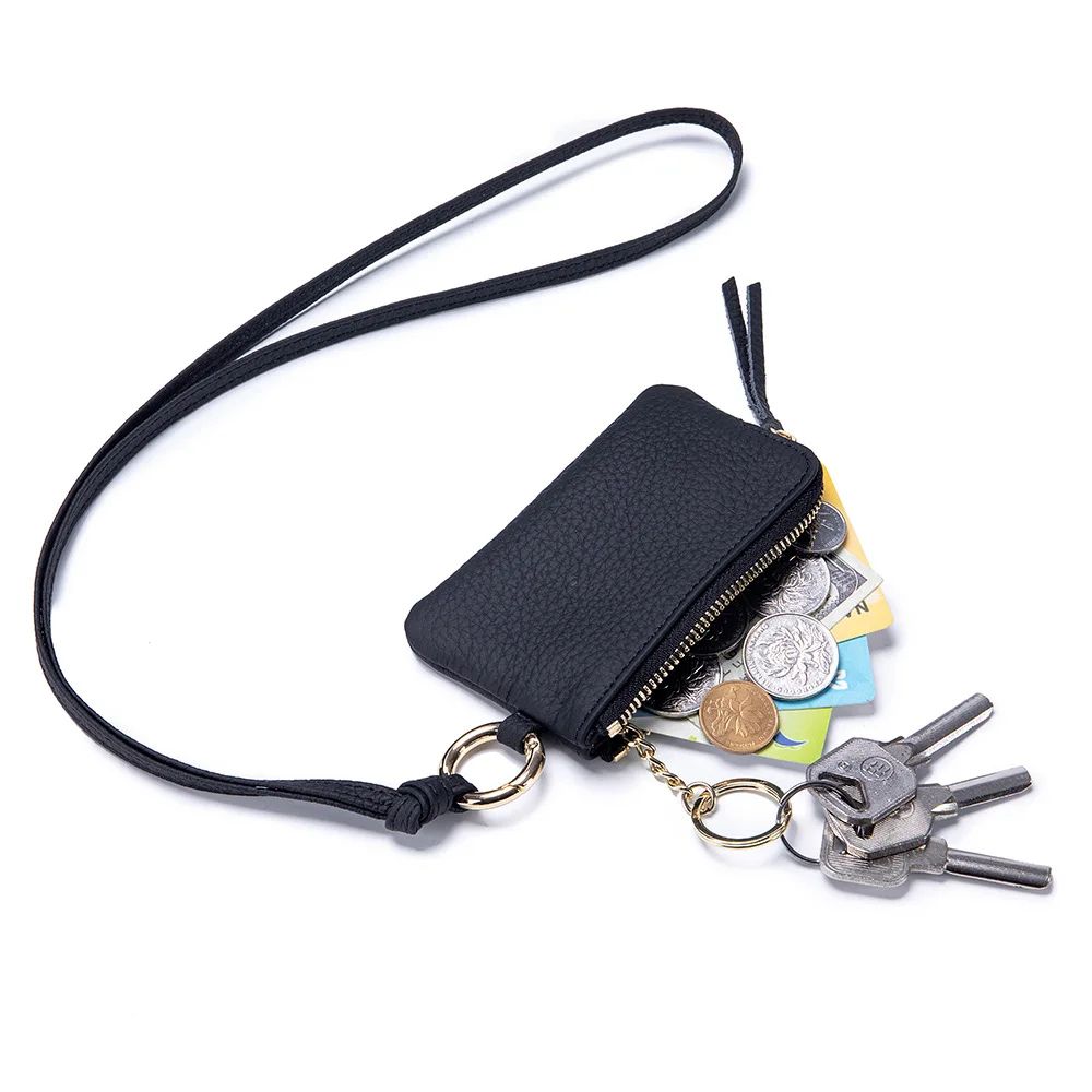 Genuine Leather Keychain Wallet Mini Card Holder with Zipper Coin Pouch