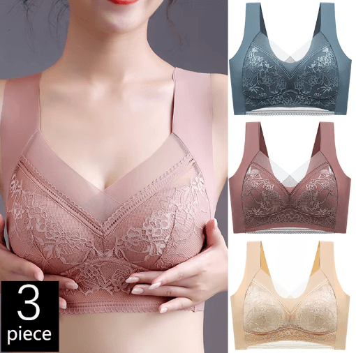 FallSweet 3-Piece Wireless Lace Push Up Deep V Bralette Set (L–5XL)