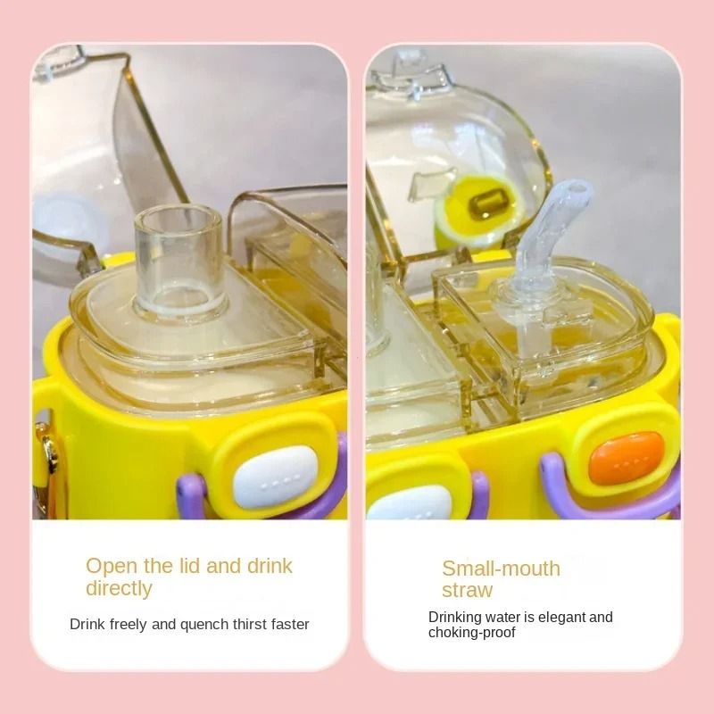 Large Capacity Kids Water Bottle with Straw Double Compartment Cartoon Design