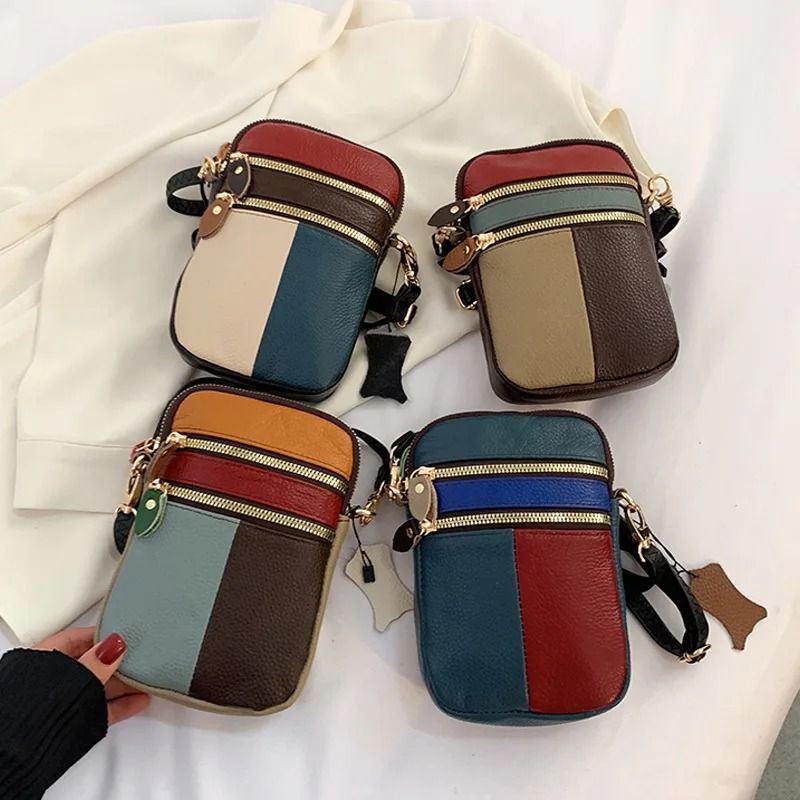 Soft Leather Womens Mini Shoulder Bag Multi Zipper Phone Crossbody Purse