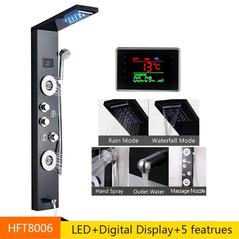 LED Rainfall Shower Panel with Digital Display and Massage Jets