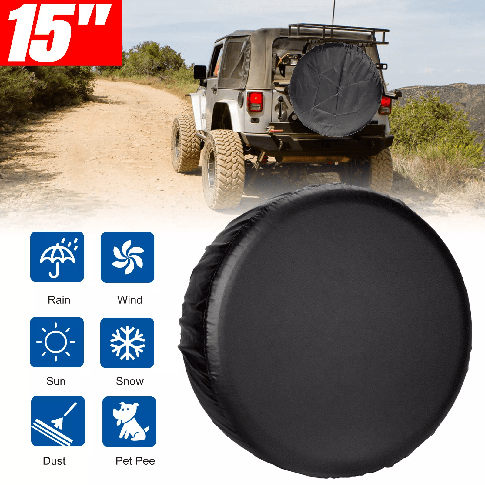 Universal Black Spare Tire Cover, Weatherproof Tyre Protector for Sun & Rain