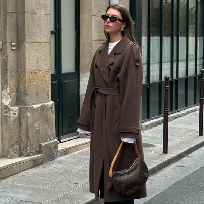 Elegant Womens Grey Belted Wool Coat Double Breasted Long Winter Peacoat