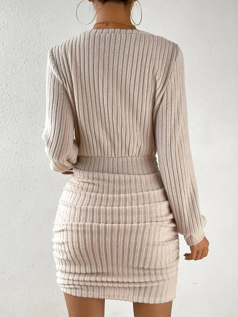 Women's Autumn Winter Knitted Sweater Mini Dress, Female Casual Solid Wrap V-neck, Long Sleeve Warm Bodycon Short Dresse