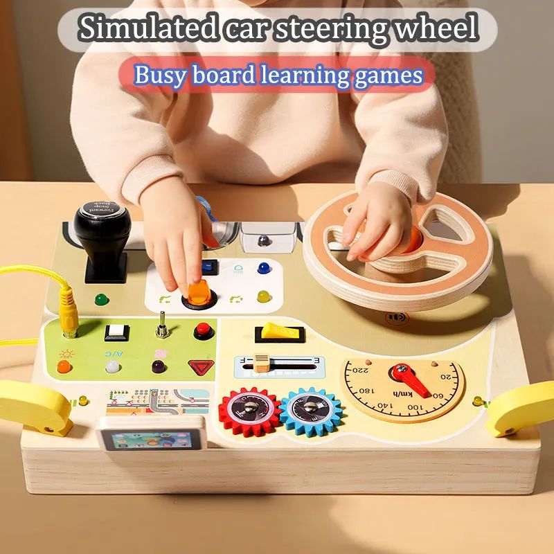 Montessori busy board Steering Wheel Dashboard with Lights & Switches - Portable Driving Activity Toy