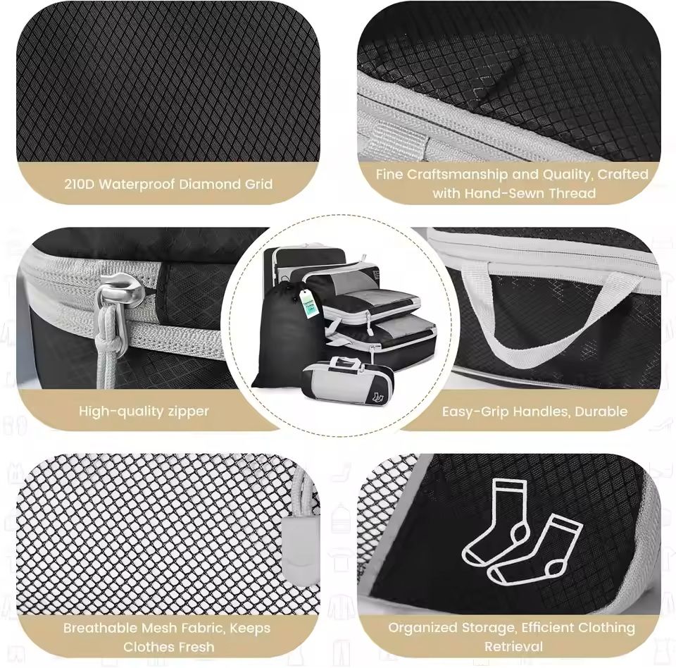 6 Piece Travel Packing Cube Set with Shoe Bag and Mesh Panels