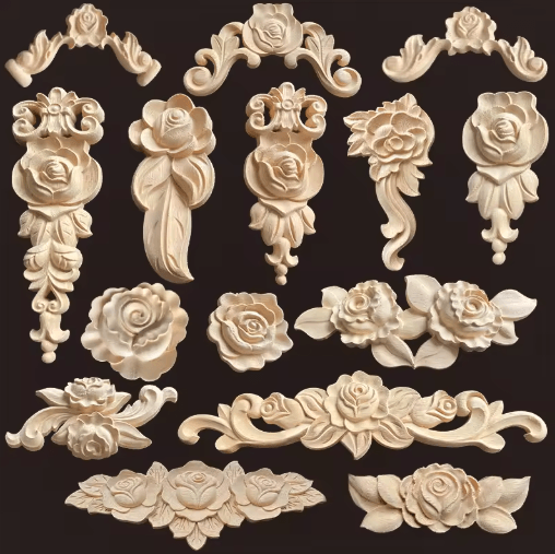 Vintage Rose Wood Carving Appliques Decorative Furniture Onlays Set