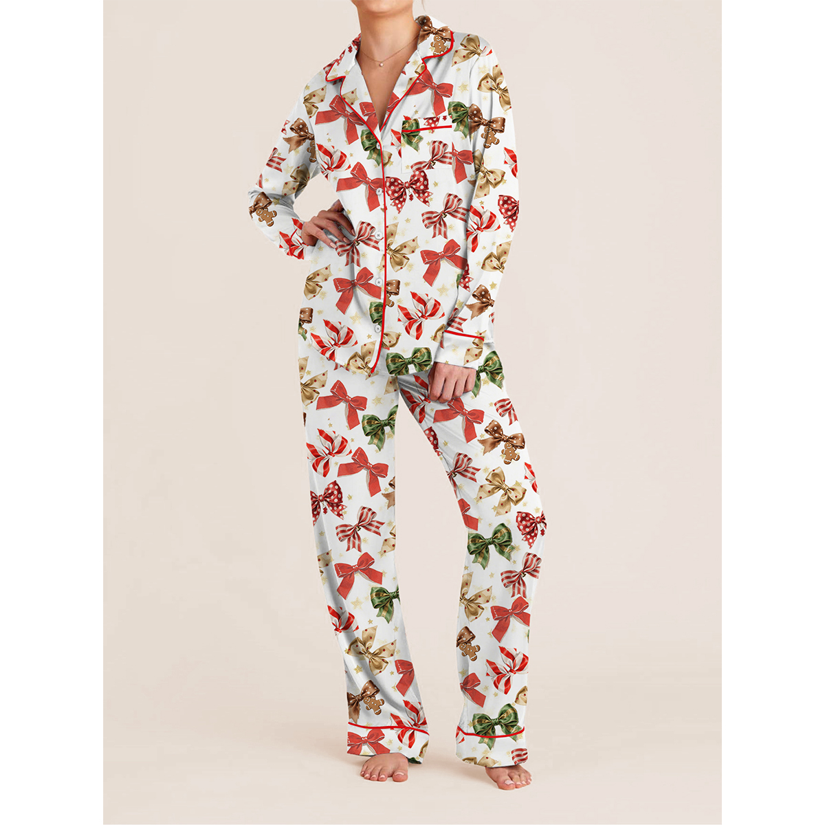 Christmas Women Pajama Set, Festive Long Sleeve Shirt and Pants, Cozy Holiday Sleepwear Loungewear with Bow, Dog