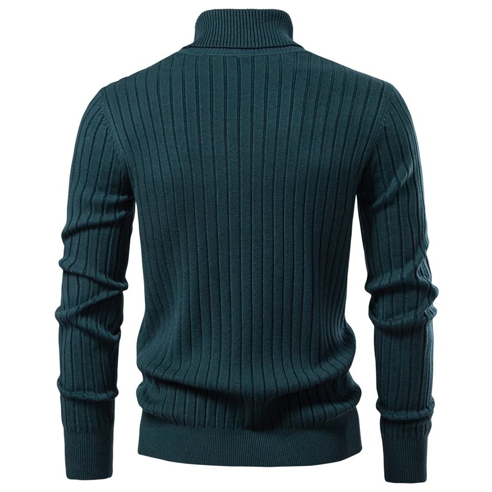 Mens Turtleneck Knit Sweater Solid Color Striped Winter Pullover