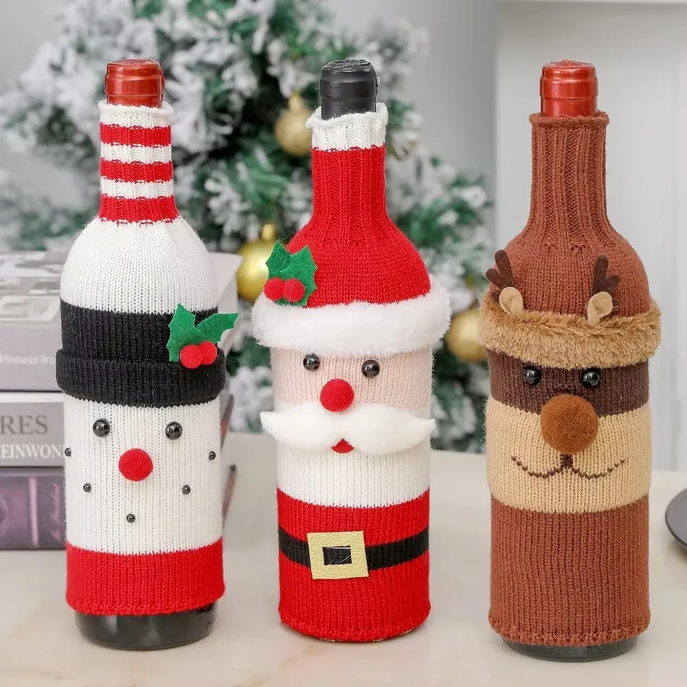 Christmas Wine Bottle Cover Set, Santa Snowman Woven Wine Bottle Bags, Party Dinner Table Decorations, New Year Gifts