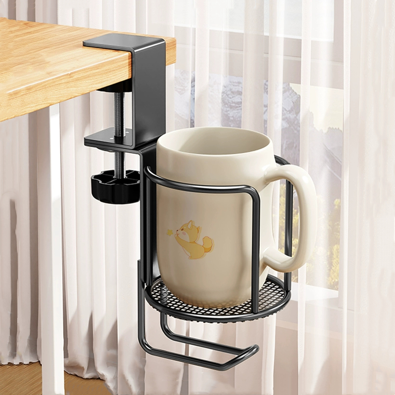 Adjustable Desk Cup Holder with Rotating Arm Clamp – No Drill, Anti-Fall Table Edge Clamp