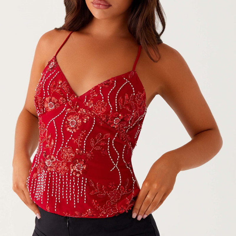 Summer Glitter V Neck Rhinestone Cami Tank, Sequin Halter Crop Tops, Pearl Embellished Summer Top