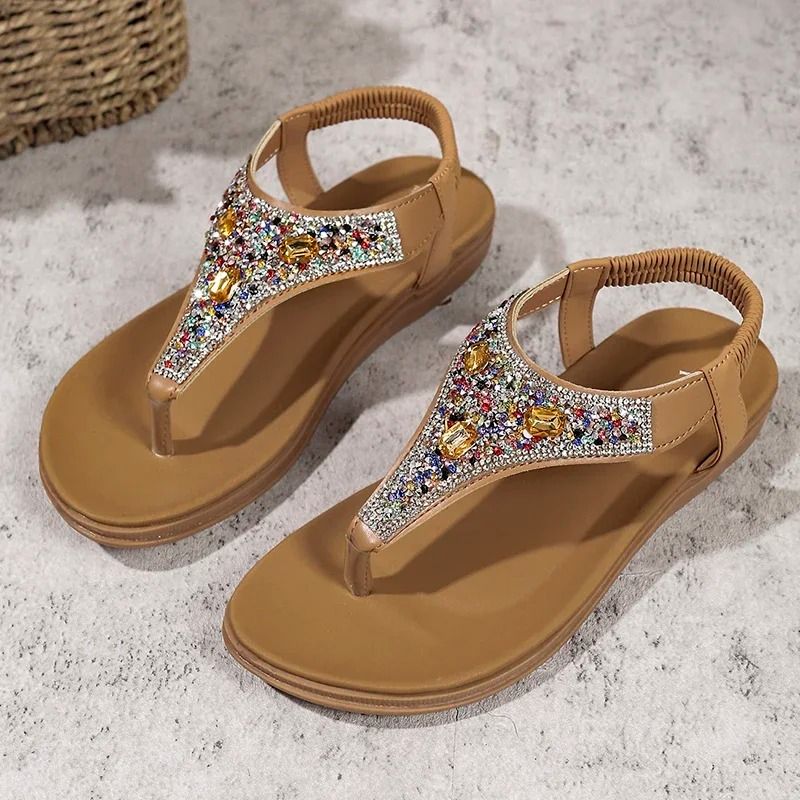 Fashion Rhinestone Bohemian Clip Toe Flats Elastic Band Sandals