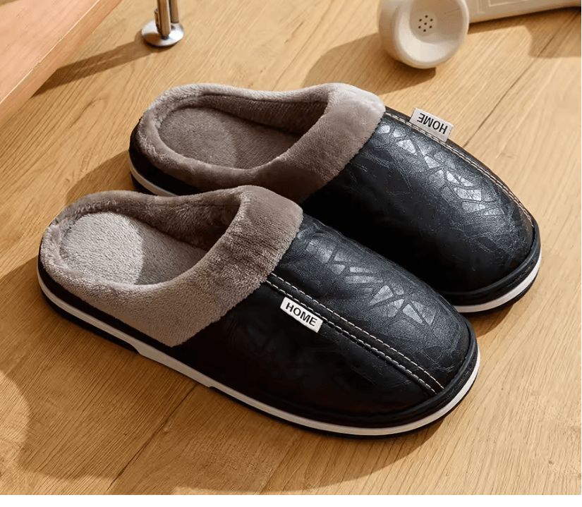 Mens Winter Slippers with PU Leather Waterproof Upper and Warm Fur Lining