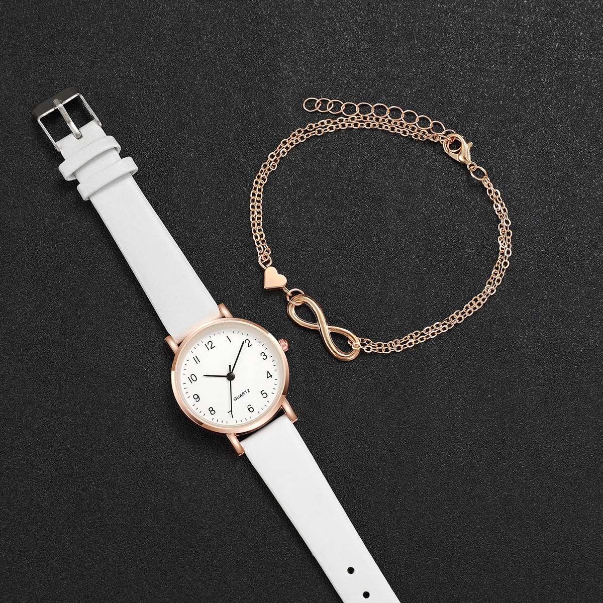 Womens Fashion Quartz Watch with Arabic Dial, Leather Band, and Gold Heart Bracelet Set