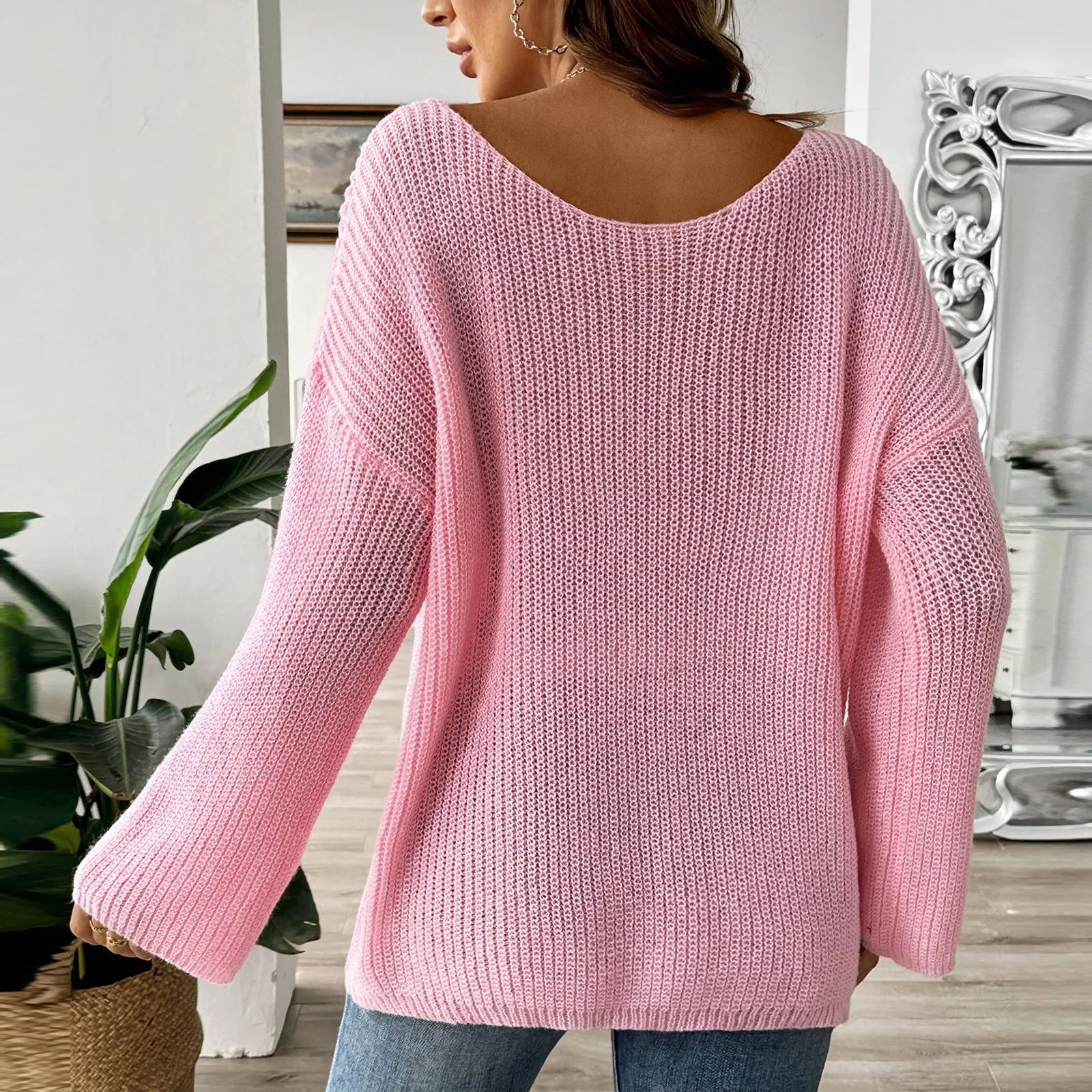 Chic Womens Off Shoulder Sweater with Flare Sleeves - Loose Knit Pullover Top