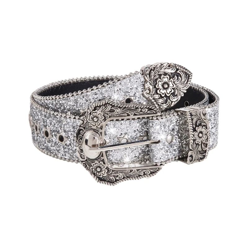 Glitter Sequined Waist Belt with Sparkling Buckle