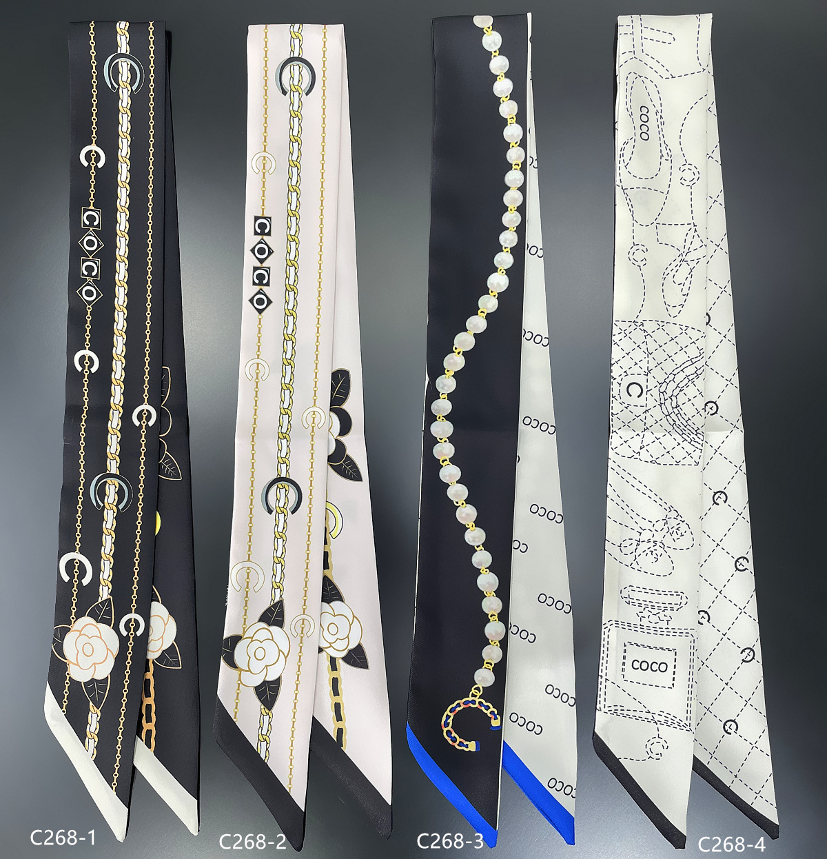 Women's Double-sided Twill Thin Ribbon Headband, French Elegant Black and White Tied Handle Bag, Long Small Silk Scarf