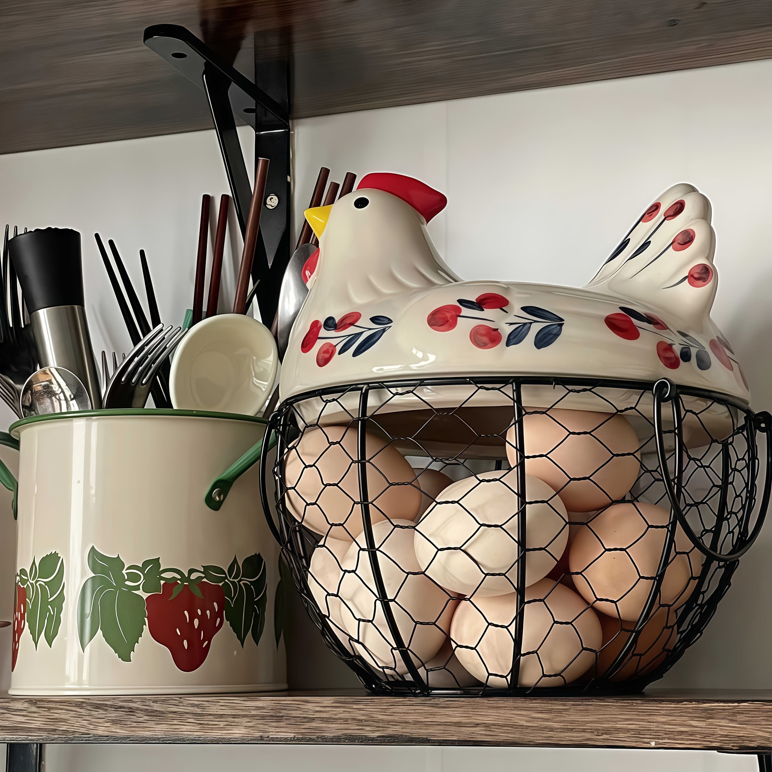 Rustic Hen-Shaped Ceramic Egg Holder with Lid Farmhouse Kitchen Organizer
