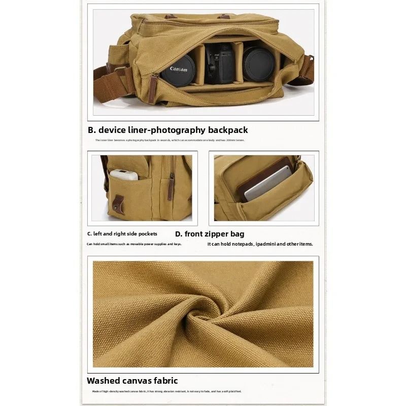 Retro Canvas SLR Camera Satchel Waterproof Messenger Bag with Removable Liner
