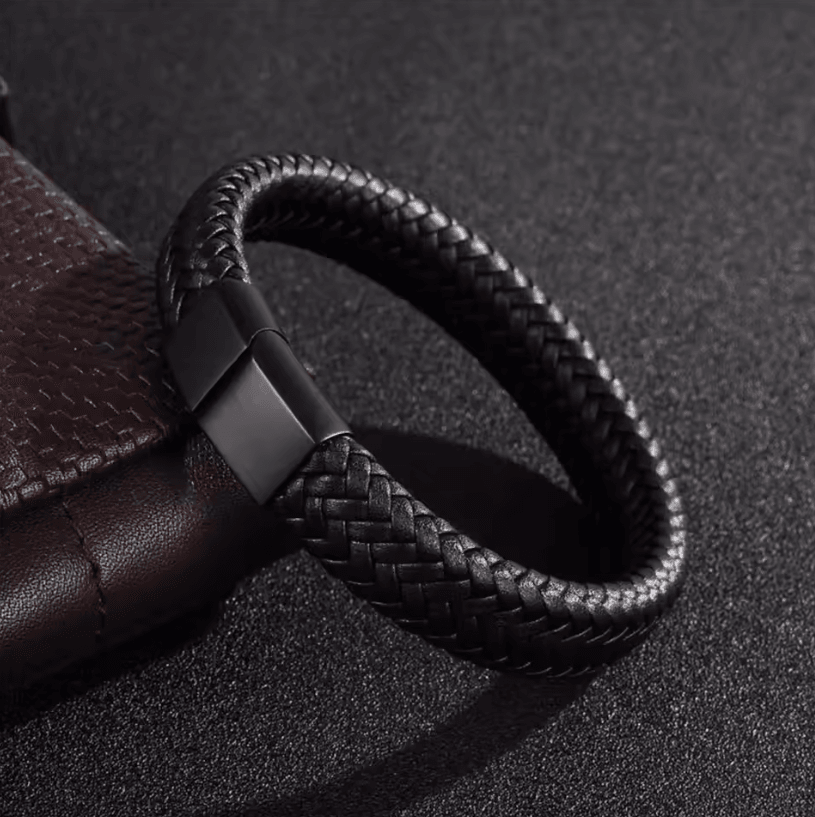 Mens Woven Leather Bracelet Open Bangle Adjustable Braided Wristband