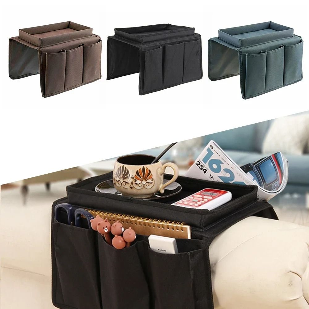 Sofa Armrest Storage Organizer Tray with Hanging Pockets