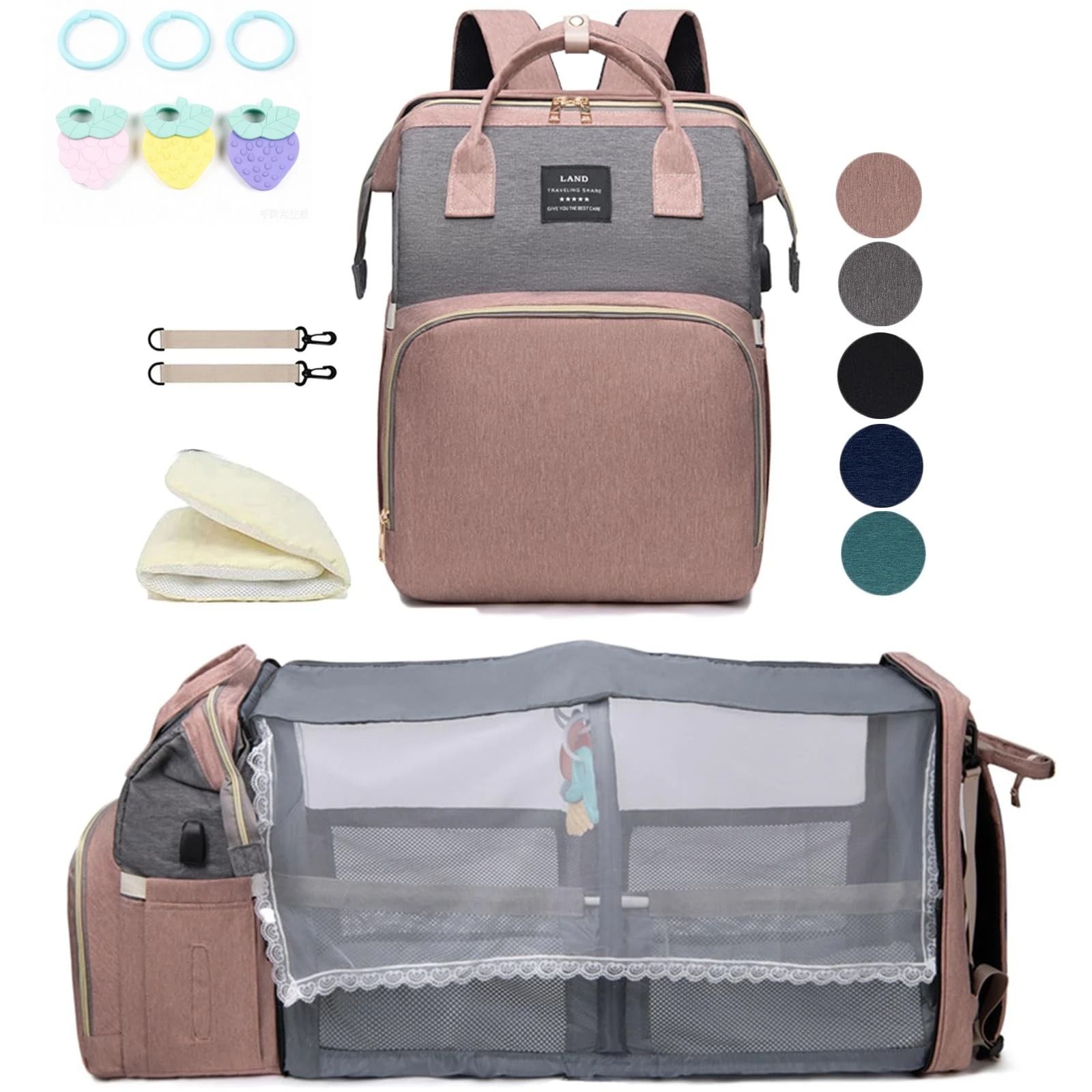 Lightweight Diaper Bag Backpack with Folding Crib Travel Bed