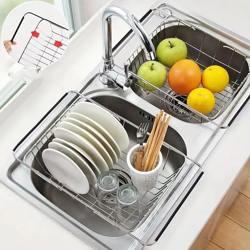 Retractable Sink Drain Rack Adjustable Dish and Produce Washing Basket for Kitchen Sink