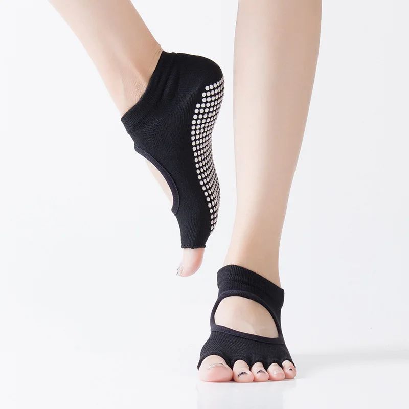 Womens Five-Toe Backless Non-Slip Pilates Socks – Breathable Cotton Yoga & Ballet Fitness Grip Socks