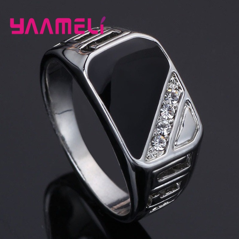 925 Sterling Silver Plated Men's Wide Band Ring with Black & White Rhinestone Square - Unique Statement Hip Hop Jewelry