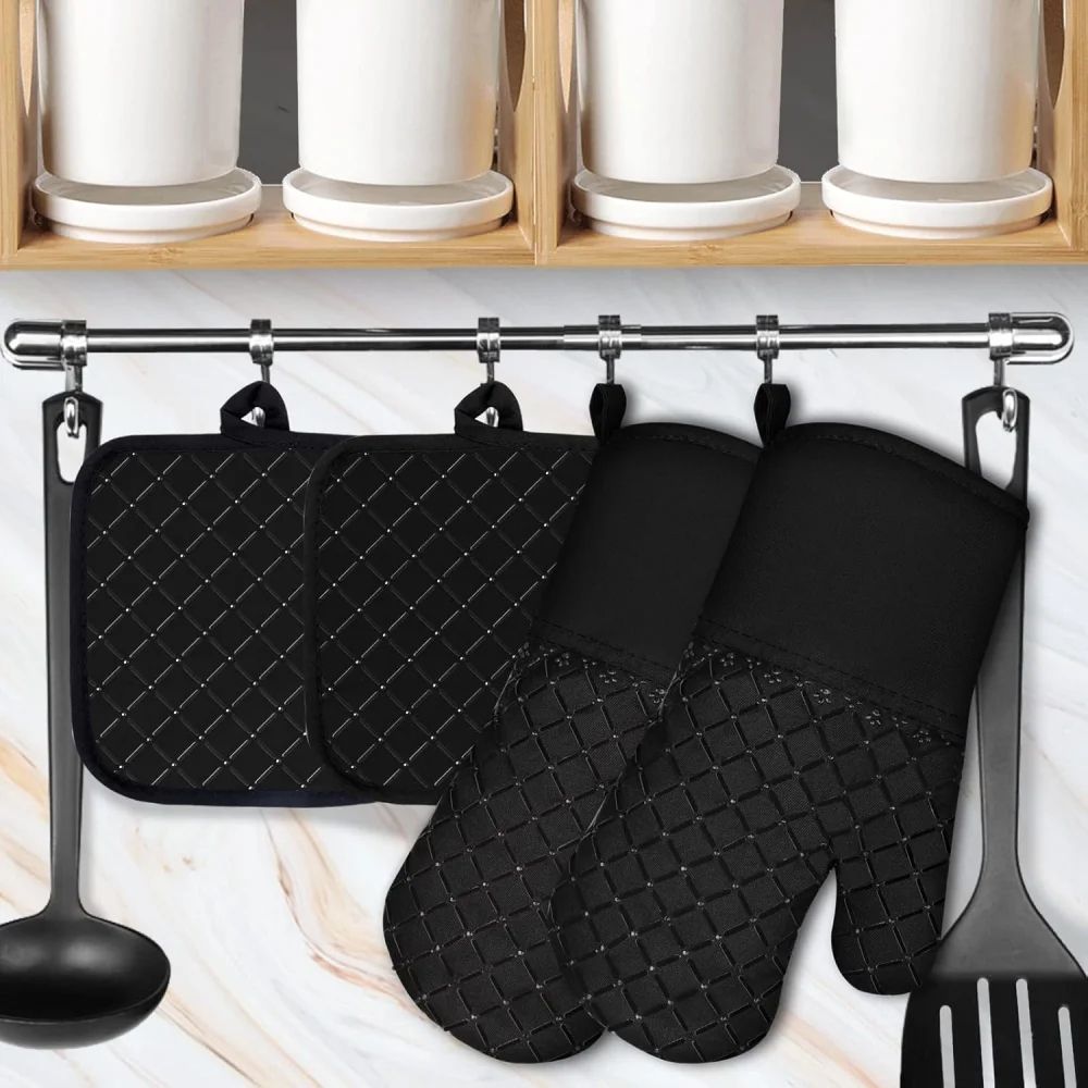 500°F Heat Resistant Oven Mitts & Pot Holders Set – Non-Slip Silicone Oven Gloves, 4-Piece Kitchen Safety Kit
