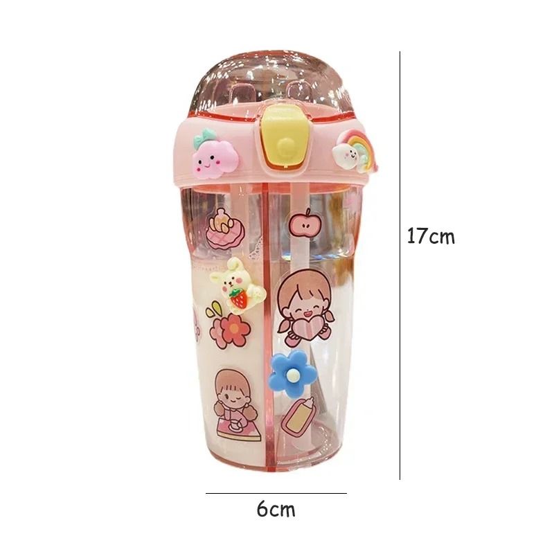 Kids Water Bottle with Double Straw Leak Proof Cute Plastic Bottle 430ml