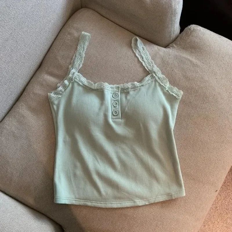 Sexy White Lace Knit Crop Tank Top with Built-In Chest Pad – Y2K Sleeveless Slim Fit Camisole