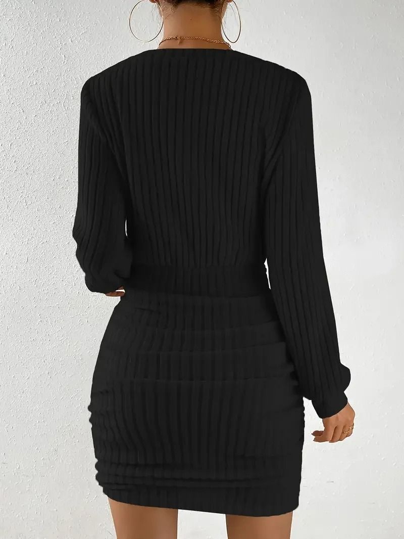 Women's Autumn Winter Knitted V-Neck Wrap Sweater Dress Casual Bodycon Mini Robe