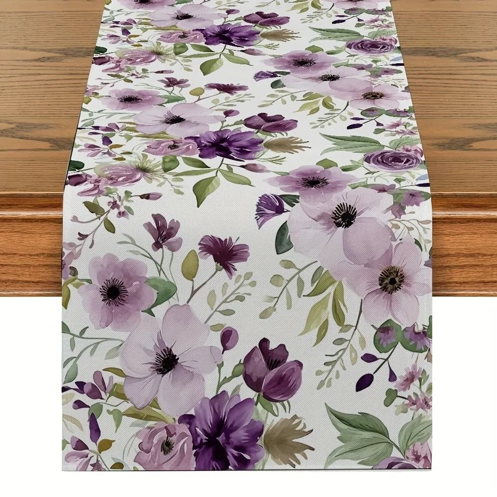 Watercolor Floral Linen Table Runner Green Plant Dining Table Decor