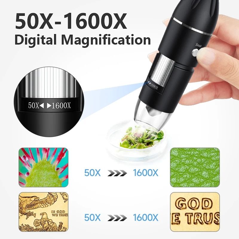 1600X USB Digital Microscope with 1080P HD Camera and Adjustable 8 LED Lights – Compatible with Android, Mac, and Window