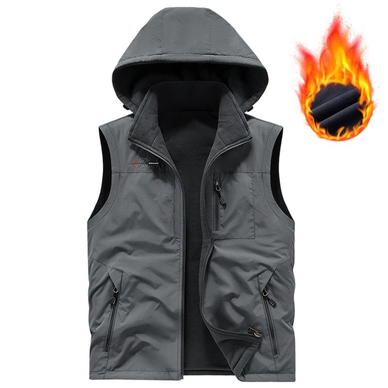 Mens Hooded Fleece Warm Vest Windproof Utility Photographer Vest
