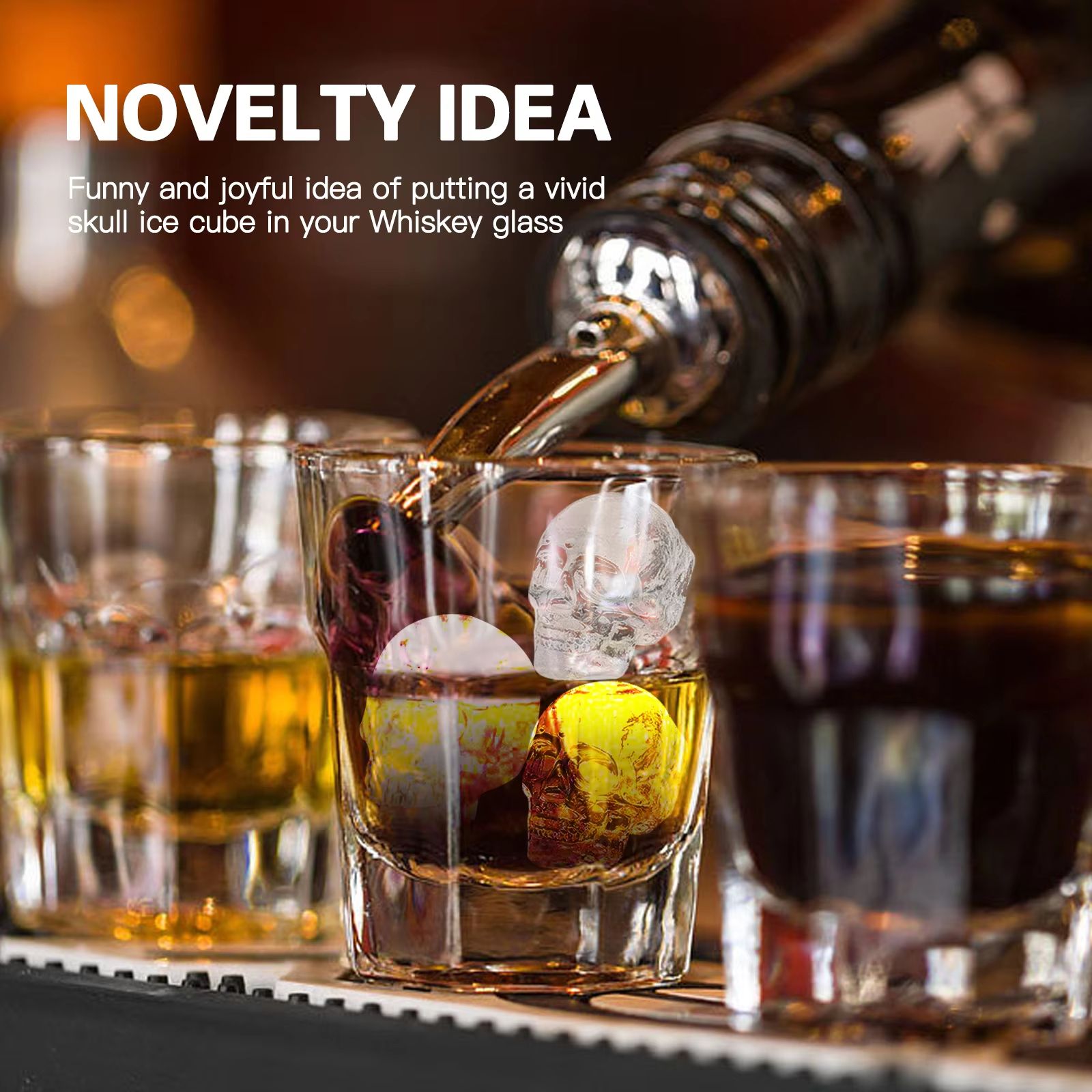 Skull & Whiskey Silicone Ice Mold – 10-Cavity Food-Grade Ice Block Tray with Filling Funnel