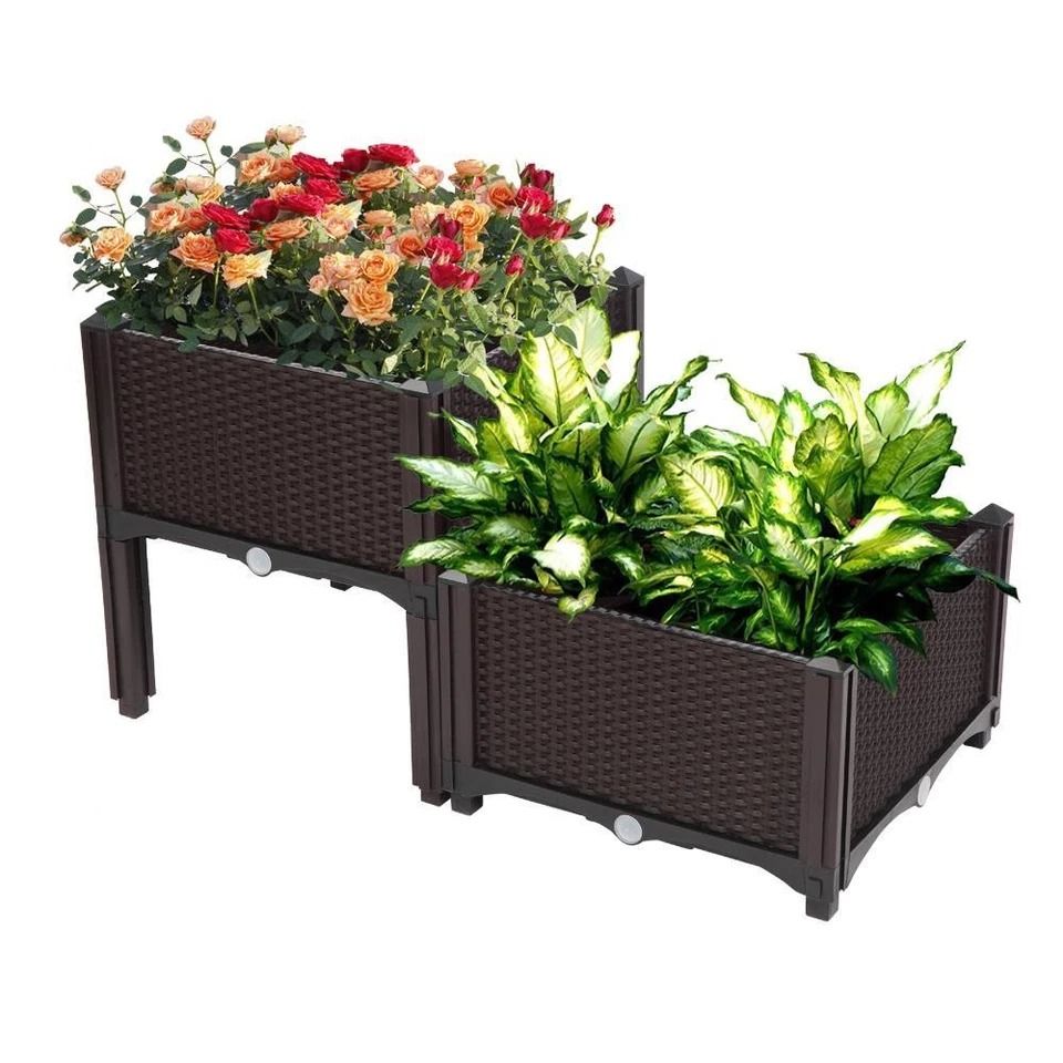Outdoor Garden Raised Planter Box for Vegetables, Flowers & Herbs Brown, Weather-Resistant Plastic
