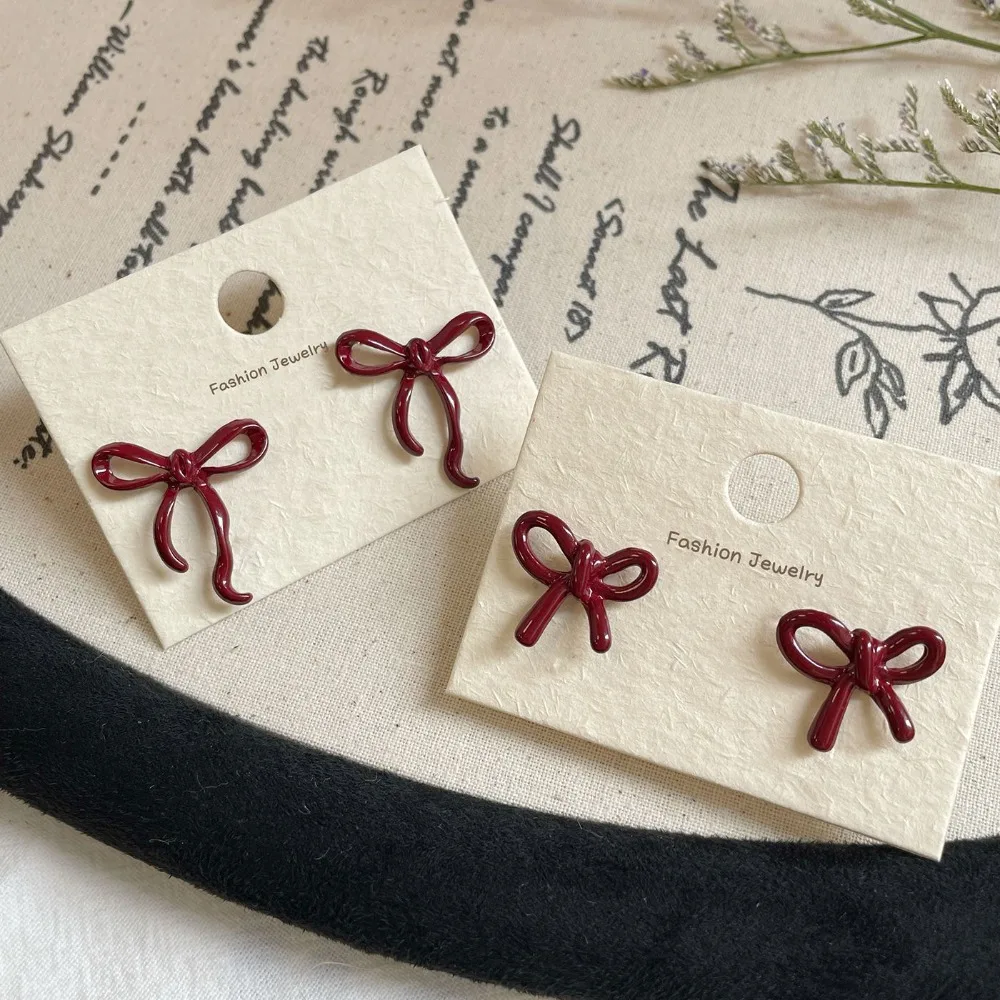 Retro Style Red Bow Knot Stud Earrings for Women, Simple Ear Rings, Ballet Ribbon Aesthetics, Elegant Jewelry Gifts