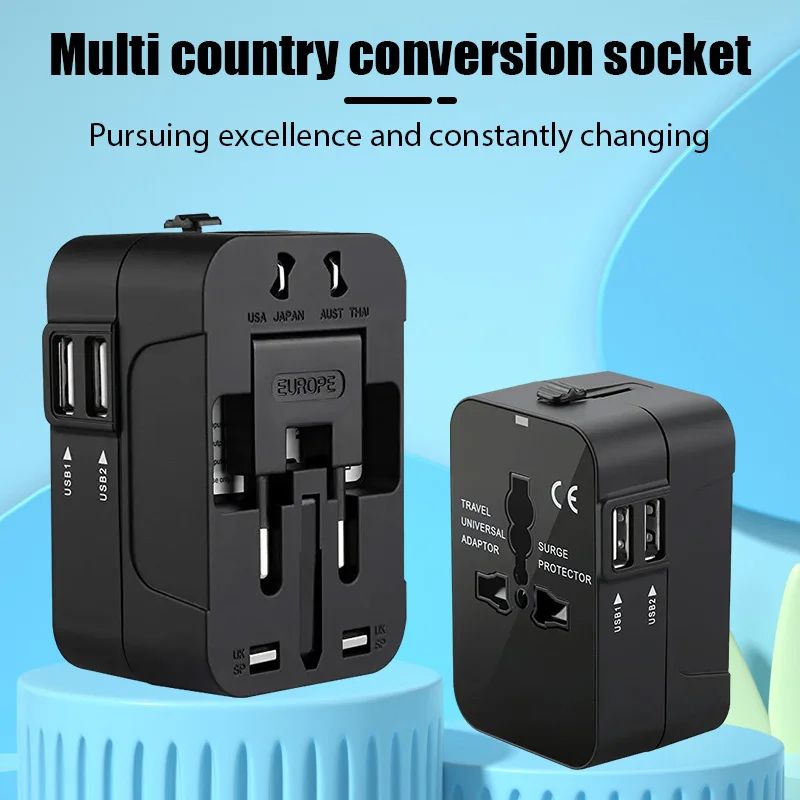 Global Universal Travel Plug Adapter with USB Sockets, AC Power Converter Featuring Child Safety Lock & Protective Cover