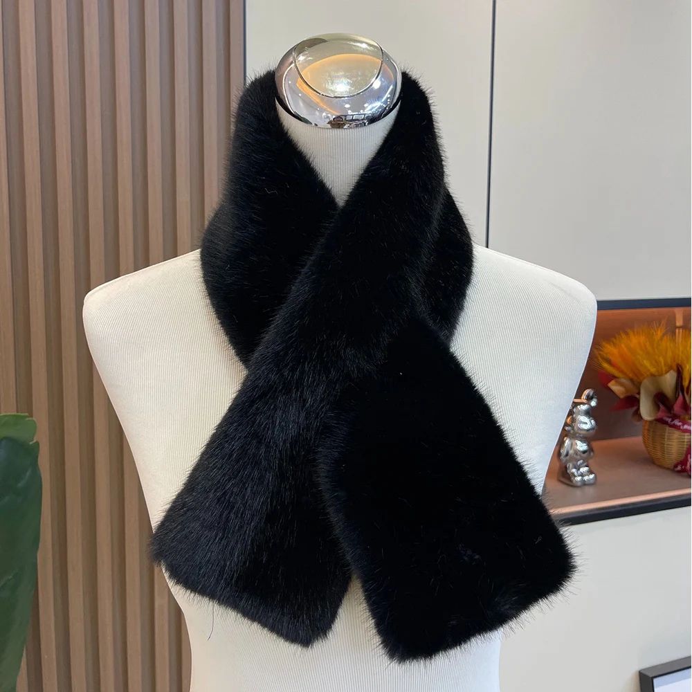 Luxury Faux Rabbit Fur Cross Collar Scarf – Women's Thick Winter Furry Neck Warmer