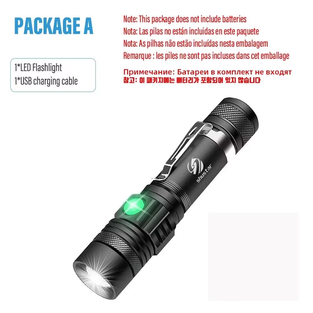 High-Power Zoomable LED Flashlight with USB Rechargeable Battery and 4 Lighting Modes