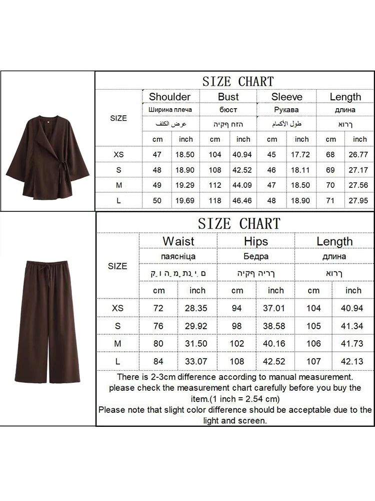 Womens Kimono Style Two Piece Outfit with Lace Up Top and Wide Leg Pants