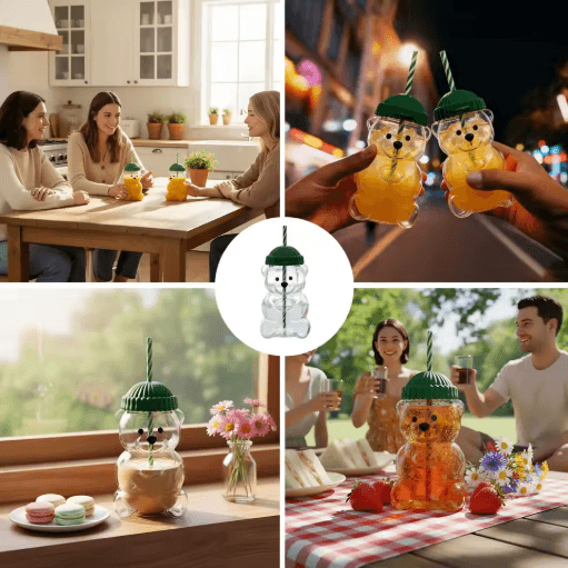 Homey Bear Glass Cup with Lid and Straw 20 oz Cute Bear Coffee and Juice Tumbler
